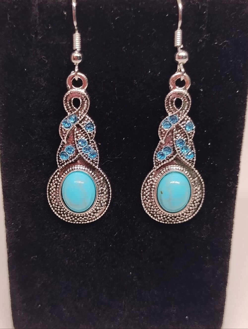 Turquoise Blue Crystal Drop Earrings - Silver Tone Women's New G23